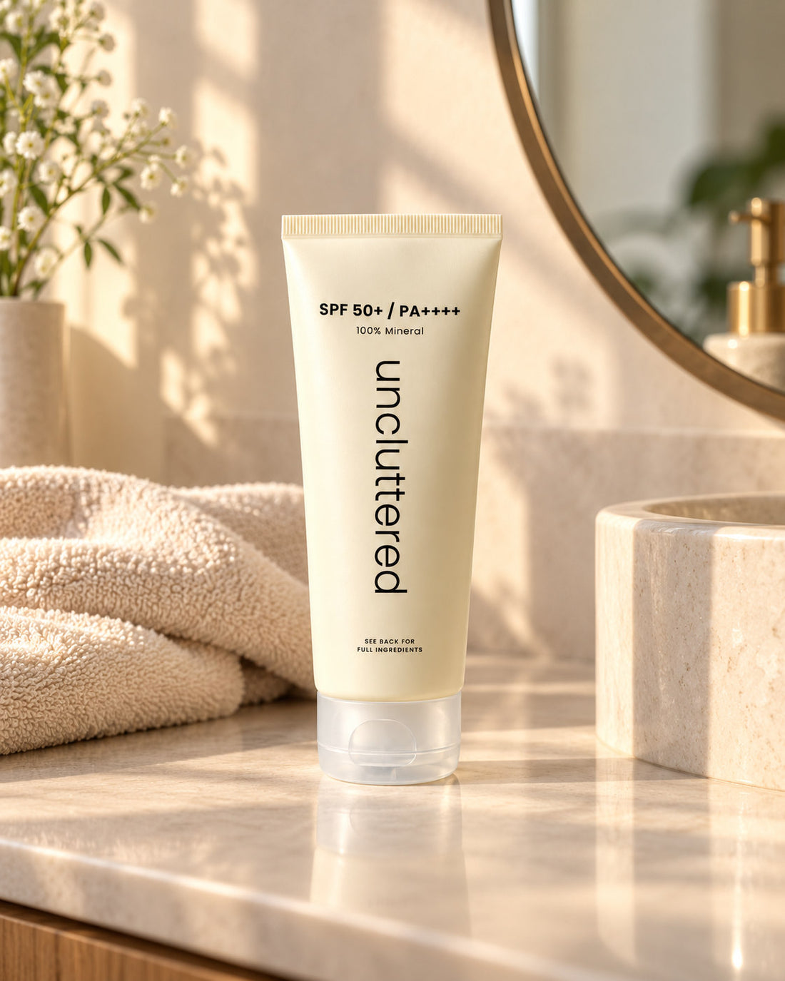 Uncluttered mineral sunscreen on a warm sunlit bathroom vanity